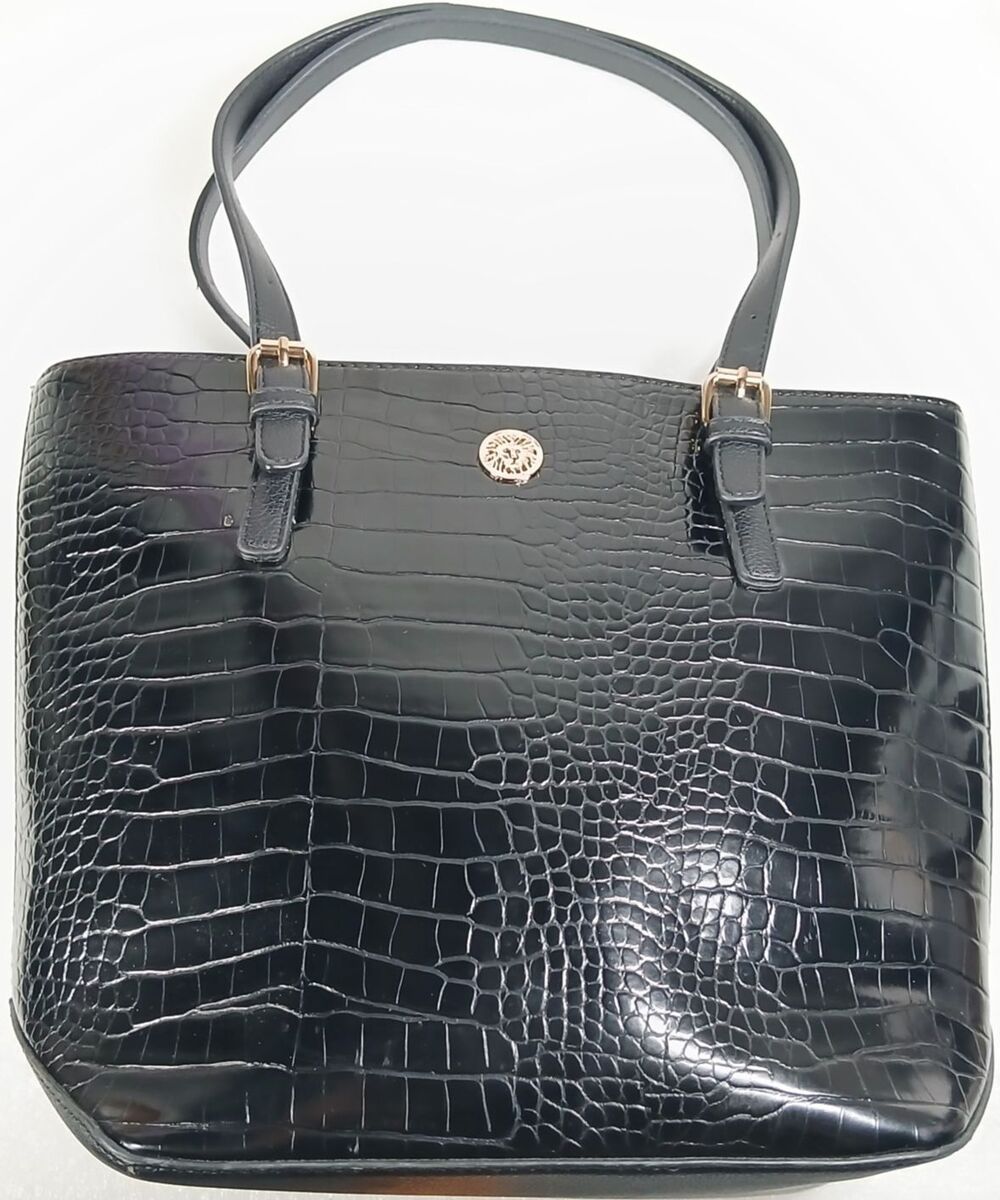 Anne Klein Black Croc Embossed Faux Leather Shoulder Tote Bag